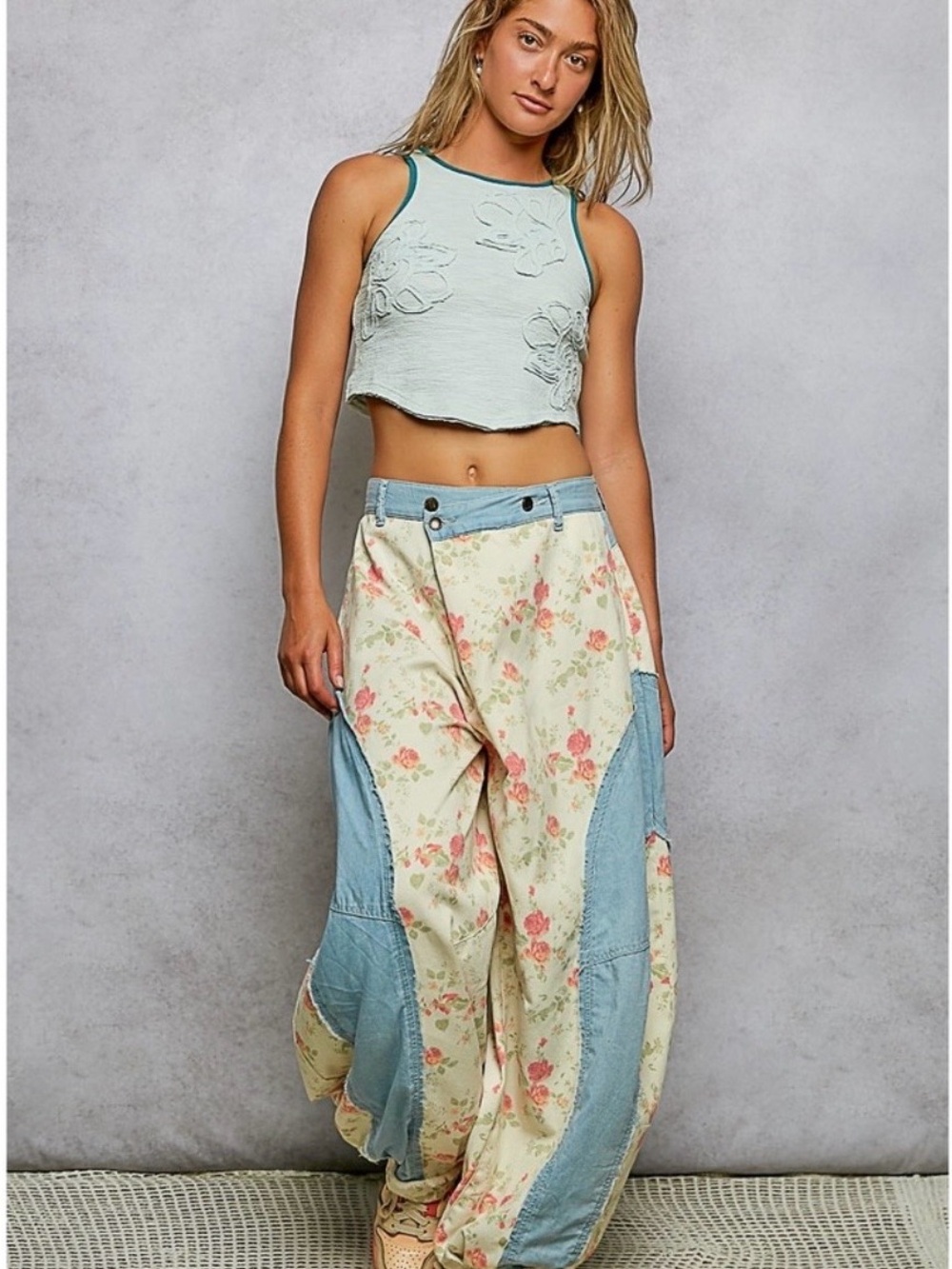 POL Floral Patchwork Wide-Leg Pants in Cream and Light Blue